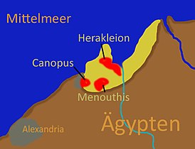 Карта Нижнего Египта с расположением городов Александрия, Каноб, Гераклион и Менуфис[англ.]