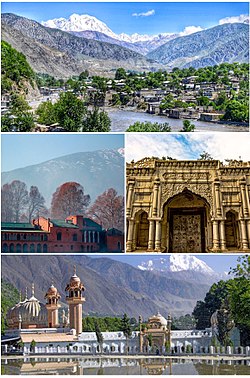 Clockwise from top: view of Chitral valley and snowcapped peak of Tirich Mir, Chitral's Shahi Qilla, Shahi Mosque, Chitral Fort