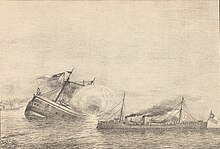 Sinking of Chilean ironclad Blanco Encalada by a torpedo in the Battle of Caldera Bay, during the Chilean Civil War of 1891. Combate de Caldera.JPG