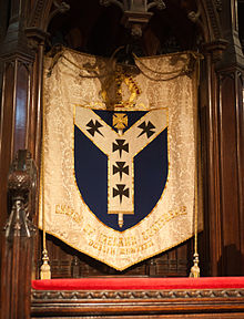 Standard of the Diocese of Dublin and Glendalough at the Archbishop's throne in Christ Church Cathedral Dublin Christ Church Cathedral Quire Cathedra Standard 2012 09 26.jpg