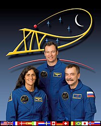 (v.l.) Sunita Williams, Michael Lopez-Alegria und Michail Tjurin