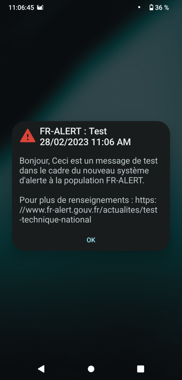 Capture d'écran d'un message d'alerte d'exercice diffusé sur un téléphone Android.