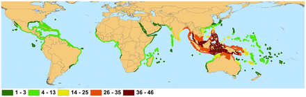 Global distribution of native mangrove species, 2010. Not shown are introduced ranges: Rhizophora stylosa in French Polynesia, Bruguiera sexangula, Conocarpus erectus, and Rhizophora mangle in Hawaii, Sonneratia apelata in China, and Nypa fruticans in Cameroon and Nigeria. Global distribution of native mangrove species.png