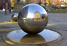 Specular reflection from a wet metal sphere Heart of the City water feature Sheffield - geograph.org.uk - 618552.jpg
