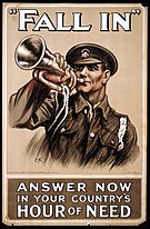 A soldier blowing a bugle. The poster states “‘Fall in’ answer now in your country’s hour of need.”