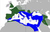 ユスティニアヌス1世時代の東ローマ帝国（青色部分）｡青と緑色部分はトラヤヌス時代のローマ帝国最大版図｡赤線は東西ローマの分割線