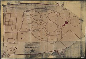 A c. 1724 English copy of a deerskin Catawba map of the tribes between Charleston (left) and Virginia (right) following the Yamasee War. Indians NW of South Carolina.jpg