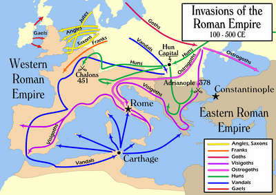 Barbarian invasions of the Roman Empire, showing the Battle of Adrianople.