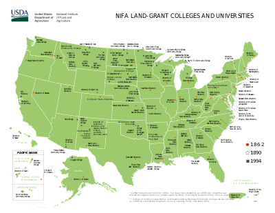 Map of most land-grant universities in the United States including the date of the land grant Land Grant Colleges Map.svg