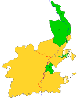 Geel: het voormalig departement Nedermaas Groen: delen van het voormalig Roerdepartement Rode lijn: splitsing van 1839 H (groen) = Horst, H (geel/wit) = Hertogenrade, M = Melick en Herkenbosch, N = Nederkruchten, R = Rechteroever van de Maas, S = Sittard en Susteren, T = Tegelen