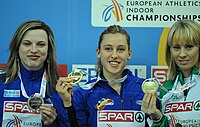 Lucie Škrobáková (links) neben Eline Berings und Derval O’Rourke bei den Leichtathletik-Halleneuropameisterschaften 2009