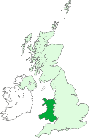 The Wales constituency of the European Parliament was coterminous with the country itself, shown here within the United Kingdom Map of Wales within the United Kingdom.svg