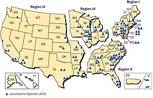 NRC regions and locations of nuclear reactors, 2008 NRC regions and plant locations 2008.jpg