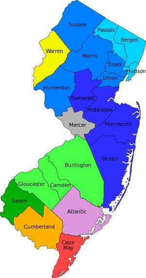 Map of the 21 counties of the State of New Jersey