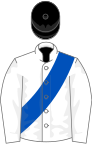 White, royal blue sash, black cap