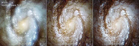 Optical evolution of Hubble's primary camera system: these images show spiral galaxy M100 as seen with WFPC1 in 1993 before corrective optics (left), with WFPC2 in 1994 after correction (center), and with WFC3 in 2018 (right). PIA22913-HubbleSpaceTelescope-ComparisonOfCameraImages-20181204.jpg