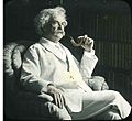 Mark Twain at home in Connecticut, hand-painted glass plate photograph