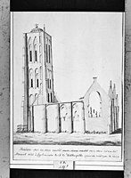 Ruïne van kerk naar oude tekening van 1831; coll. Rijksdienst voor het Cultureel Erfgoed