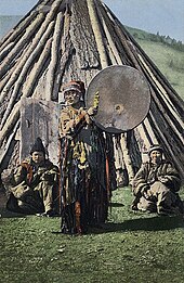 An Altay shaman, Russian Empire, 1908 SB - Altay shaman with drum.jpg