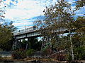 Santa Fe Arroyo Seco Railroad Bridge with a Gold line Tram crossing, this the 3rd bridge at the site of the original 1886 Los Angeles and San Gabriel Valley Railroad bridge, 2013