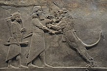 Sculpted reliefs depicting Ashurbanipal, the last great Assyrian king, hunting lions, gypsum hall relief from the North Palace of Nineveh (Irak), c. 645-635 BC, British Museum (16722368932).jpg