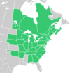 Symphyotrichum cordifolium distribution map: Canada — Manitoba, New Brunswick, Nova Scotia, Ontario, Prince Edward Island, and Québec; US — Alabama, Arkansas, Connecticut, District of Columbia, Georgia, Illinois, Indiana, Iowa, Kentucky, Maine, Maryland, Massachusetts, Michigan, Minnesota, Missouri, Nebraska, New Hampshire, New Jersey, New York, North Carolina, Ohio, Oklahoma, Pennsylvania, Rhode Island, South Carolina, South Dakota, Tennessee, Vermont, Virginia, West Virginia, and Wisconsin.