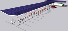 3D sketch of Tesla Supercharger station with solar canopies and 8 Megapack set for close to 32 Mw/h Tesla Supercharger station with solar canopy.webp