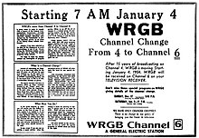 WRGB's late 1953 promo alerting viewers that the station would relocate to Channel 6 beginning on January 4, 1954 WRGB Channel Relocation promo (1954).jpg