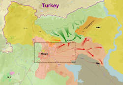   Szíriai Fegyveres Erők és szövetséges csapatok   Szíriai Demokratikus Erők   Iraki és Levantei Iszlám Állam   FSA és török seregek Észak-Szíriában