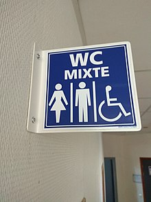 Pancarte devant des toilettes avec une représentation iconographique de trois personnes femelle, mâle et handicapé