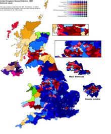 The notional results of the 1992 election, as shown on a map of the 1997 constituencies. 1997 UK Election Notional Result.png