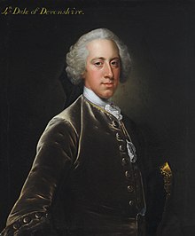 William Cavendish, 4th Duke of Devonshire briefly Prime Minister between 1756 and 1757. 4th Duke of Devonshire after Hudson.jpg