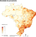 A densidade populacional brasileira é menor no interior do Brasil (20% da população) e no litoral ou numa zona de até 520 quilômetros, 80%.[38][39]