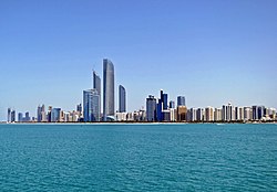 Skyline of Abu Dhabi City as seen from the Marina on the coast of the خلیج فارس