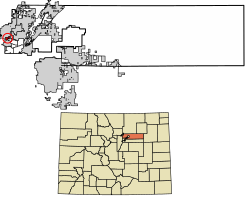 Location of the Shaw Heights CDP in Adams County, Colorado.