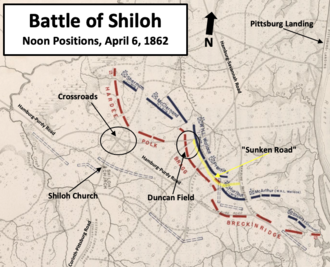 map showing noon positions, with Union right pushed back from Crossroads, center along Sunken Road, and left still in place