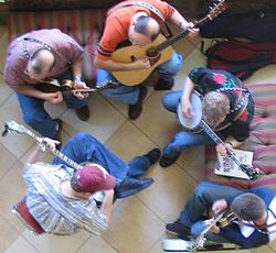 Bluegrass artists use a variety of stringed instruments. Bluegrass group jamming.jpg