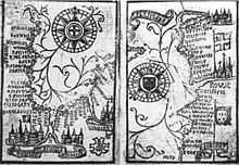 Brouscon's Almanach of 1546: Compass bearings of high waters in the Bay of Biscay (left) and the coast from Brittany to Dover (right). Brouscon Almanach 1546 Compass bearing of high waters in the Bay of Biscay left Brittany to Dover right.jpg