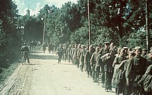 Soviet prisoners of war were often subjected to forced marches without adequate food or water and commonly shot. Bundesarchiv Bild 169-0864, Russische Kriegsgefangene.jpg