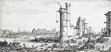 La tour de Nesle et le pont-Neuf par Jacques Callot, vers 1610-1635.