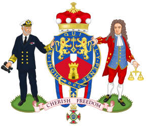 Due uomini, rispettivamente alla destra[1] un marinaio tenente un binocolo, e alla sinistra Sir Isaac Newton tenente una bilancia a pesi. (Stemma di Margaret Thatcher)
