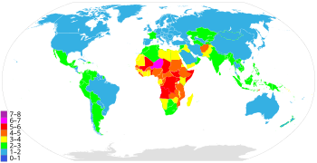 A world map showing global variations in fertility rate per woman according to the CIA World Factbook's 2016 data
.mw-parser-output .col-begin{border-collapse:collapse;padding:0;color:inherit;width:100%;border:0;margin:0}.mw-parser-output .col-begin-small{font-size:90%}.mw-parser-output .col-break{vertical-align:top;text-align:left}.mw-parser-output .col-break-2{width:50%}.mw-parser-output .col-break-3{width:33.3%}.mw-parser-output .col-break-4{width:25%}.mw-parser-output .col-break-5{width:20%}@media(max-width:720px){.mw-parser-output .col-begin,.mw-parser-output .col-begin>tbody,.mw-parser-output .col-begin>tbody>tr,.mw-parser-output .col-begin>tbody>tr>td{display:block!important;width:100%!important}.mw-parser-output .col-break{padding-left:0!important}}
.mw-parser-output .legend{page-break-inside:avoid;break-inside:avoid-column}.mw-parser-output .legend-color{display:inline-block;min-width:1.25em;height:1.25em;line-height:1.25;margin:1px 0;text-align:center;border:1px solid black;background-color:transparent;color:black}.mw-parser-output .legend-text{}
7-8 children
6-7 children
5-6 children
4-5 children
3-4 children
2-3 children
1-2 children
0-1 children Countriesbyfertilityrate.svg