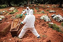 Gravediggers bury the body of a man suspected of having died of COVID-19 in the cemetery of Vila Alpina, east side of Sao Paulo, in April 2020. Covid-19 Sao Paulo - Cemiterios.jpg