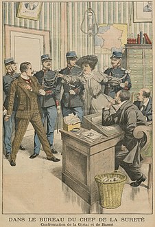 Confrontation de deux suspects du meurtre d'Eugénie Fougère dans le bureau du chef de la Sûreté, Octave Hamard (1903).