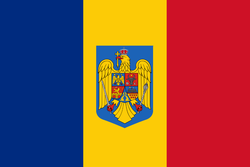 Уобичајна незванична варијанта заставе Румуније са грбом Румуније; пропорција заставе: 2:3.