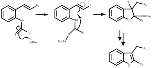 Step-wise mechanism of the Fukuyama Indole Synthesis starting with the alkenylthioanilide substituent.