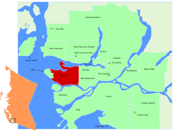 Location of Vancouver within the Metro Vancouver regional district in British Columbia, Canada