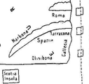 Entre o ano 922 e o 958. Fragmento do Beato Morgan,[308] o mapa mais antigo da série cartográfica derivada da obra do Beato de Liébana. Gallecia ocupa em solitário o espaço noroccidental da península ibérica, onde tambén figura Spania, Olisibona e Tarracona.[309]