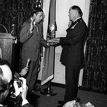 General George S. Brown is sworn in as chairman of the Joint Chiefs of Staff by Department of Defense General Counsel Martin Hoffman in the Pentagon on July 1, 1974. General George S. Brown is sworn-in as Chairman of The Joint Chiefs of Staff by Department of Defense General Counsel Martin Hoffman.jpg