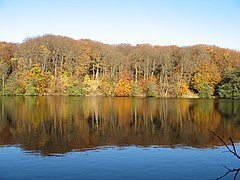 The small yet deep Herthasee in the national park as part of Sassnitz, with the Slavic hill fort Herthaburg at its banks